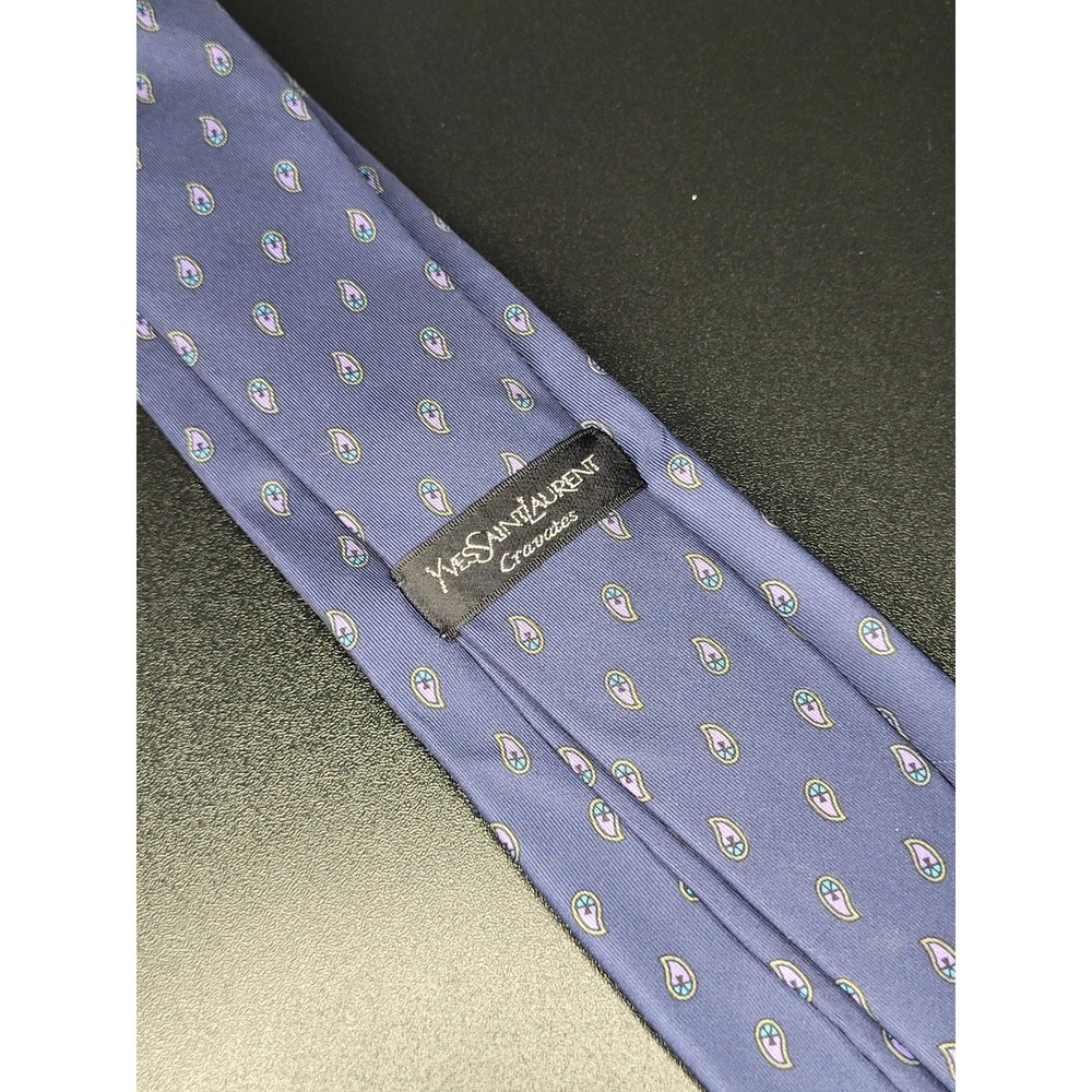 Yves Saint Laurent Cravates Necktie Blue Multicolor Paisley Teardrop Pattern